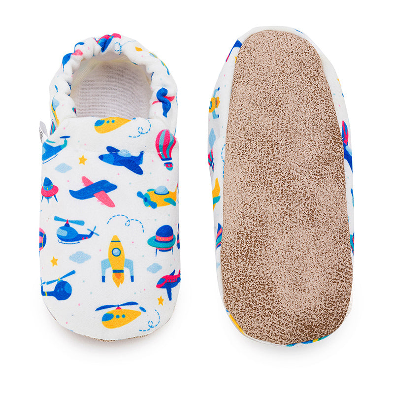 Soft organic cotton baby shoes with Plane design, perfect for first walkers and little explorers.