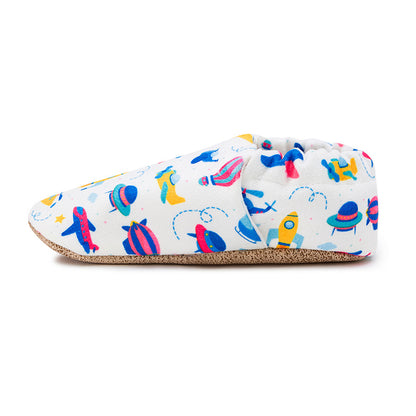 Soft organic cotton baby shoes with Plane design, perfect for first walkers and little explorers. Side view left