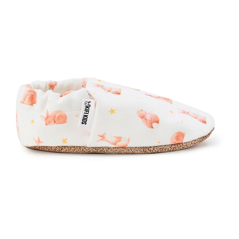 Soft organic cotton baby shoes with Cute Bunny design, perfect for first walkers and little explorers. Left view.