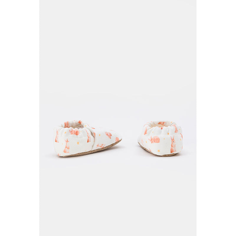 Soft organic cotton baby shoes with Cute Bunny design, perfect for first walkers and little explorers.View from behind.