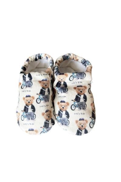 Soft 100% Organic Cotton Baby Slippers - Bicycle Teddy Bear